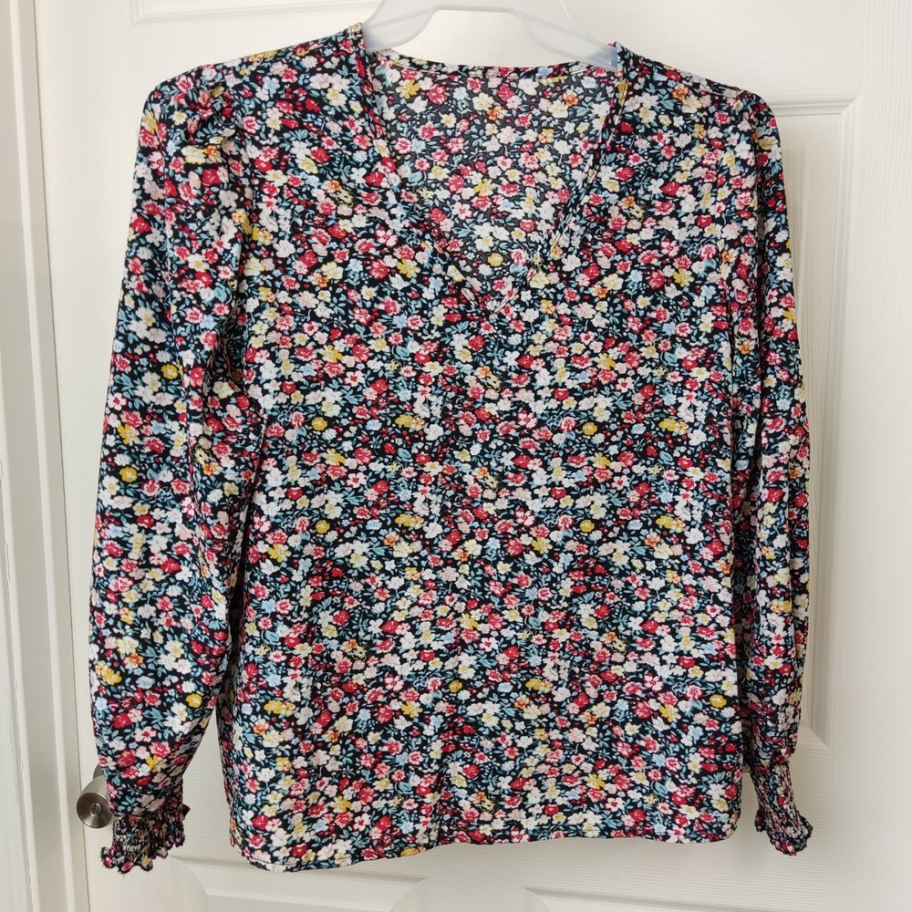 Unbranded Blouse Womens Large Multicolor Ditsy Floral V-Neck Smocked Cuff Top